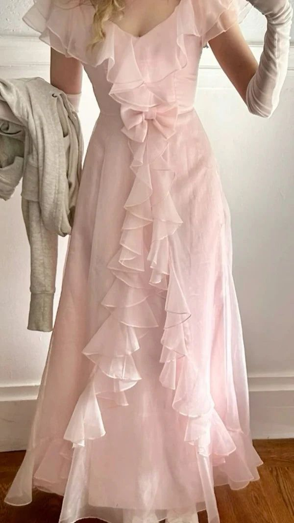 Classy Pink Chiffon Ruffle Evening Dress Formal A Line Prom Dress Y8435 - VelvetHem