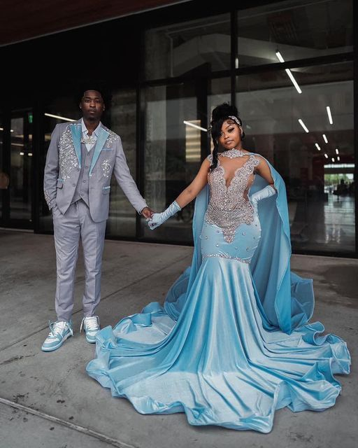 Sky Blue Velvet Silver Crystal Evening Dress Luxurious Evening Gown Y5764 - VelvetHem