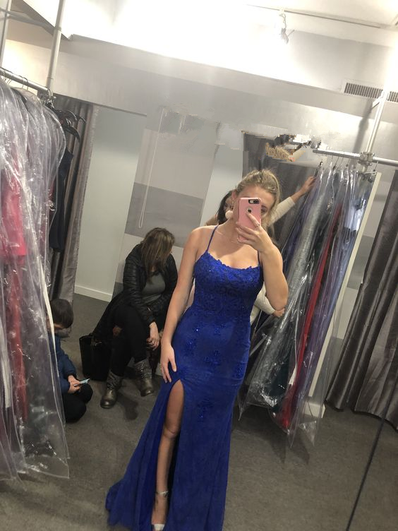 Charming Blue Sheath Lace Long Evening Dress with Slit Y6323 - VelvetHem