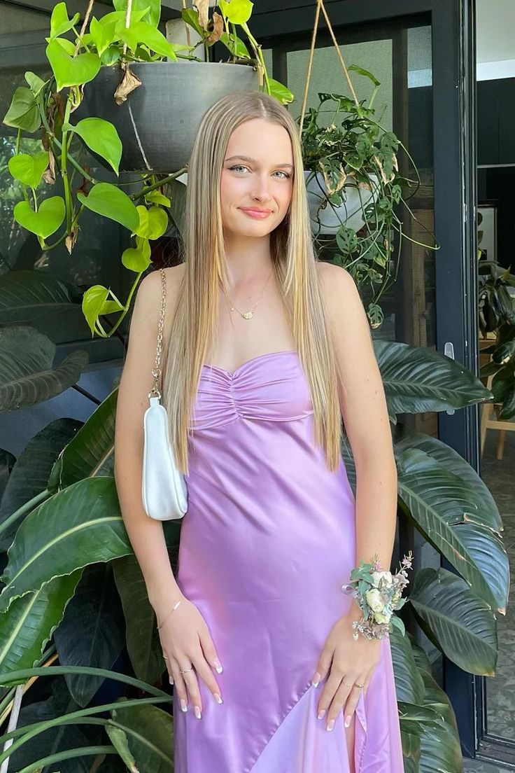 Sexy Spaghetti Straps Yellow Satin Slit Party Dress Evening Dress