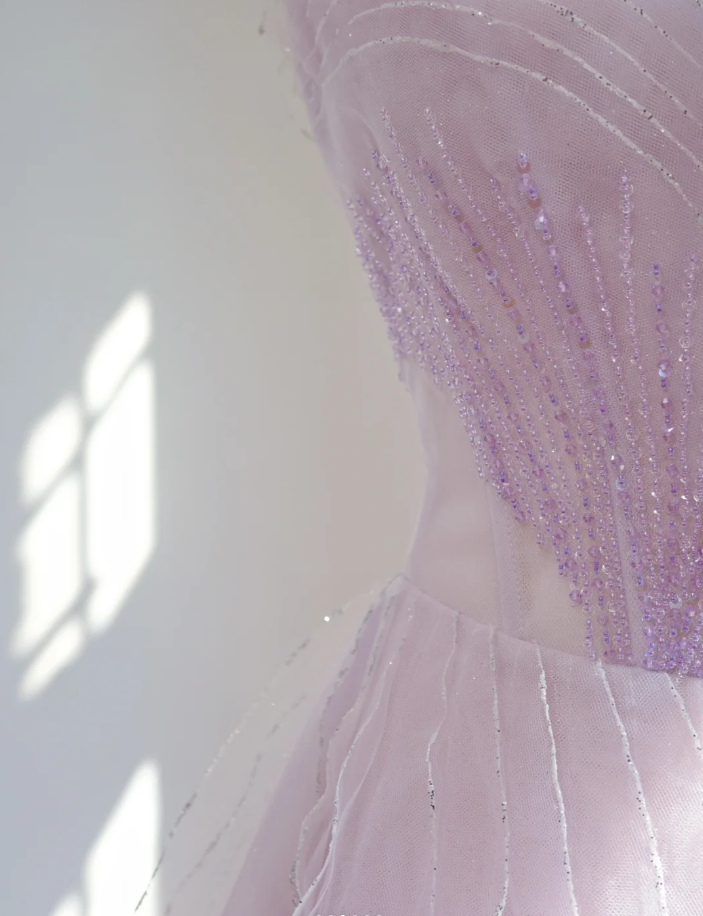 Classy Strapless Lilac Beaded Tulle Ruffles Long Birthday Prom Dress Formal Party Dress - View 3 | VelvetHem