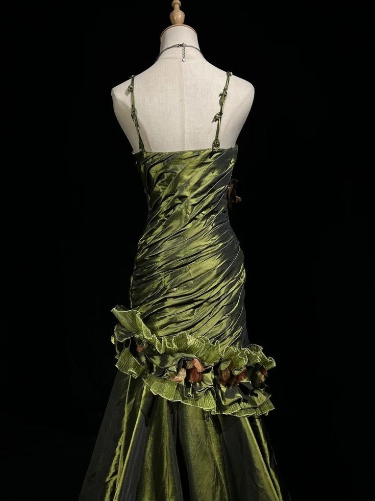 Vintage Green Satin Pleated Beaded Prom Party Dress,Long Mermaid Evening Dress - View 3 | VelvetHem