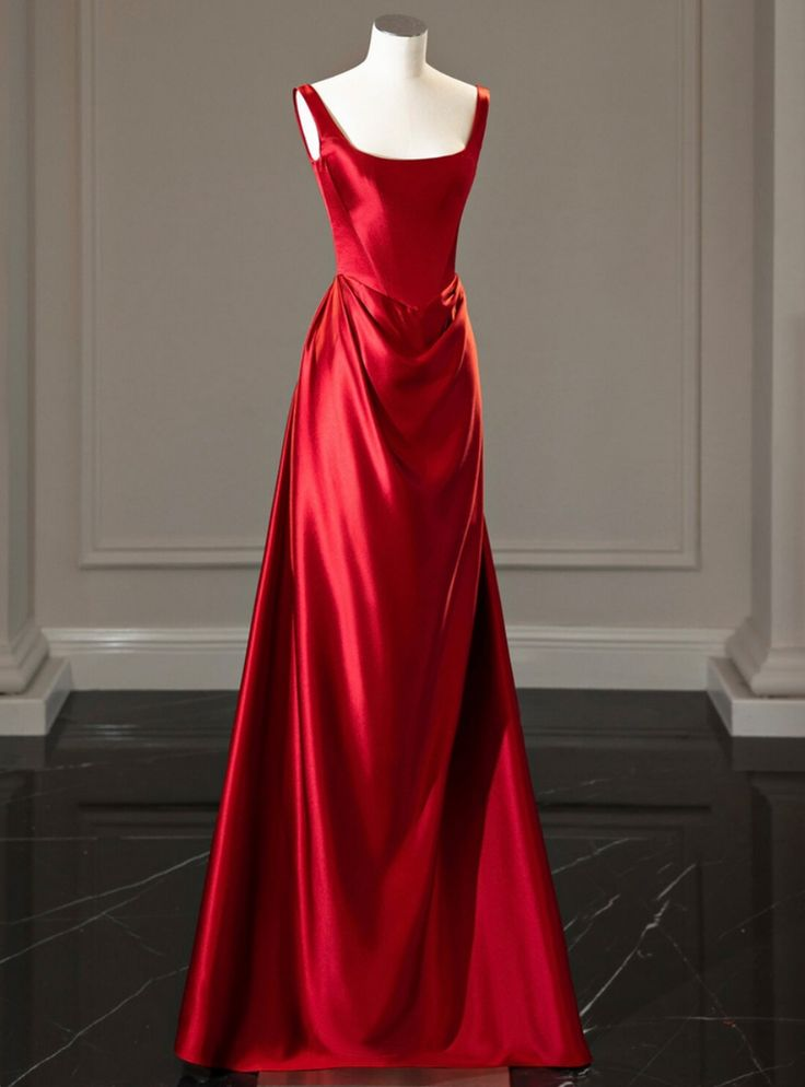 Elegant Red Satin Straps Pleats Prom Dress Long Party Evening Dress