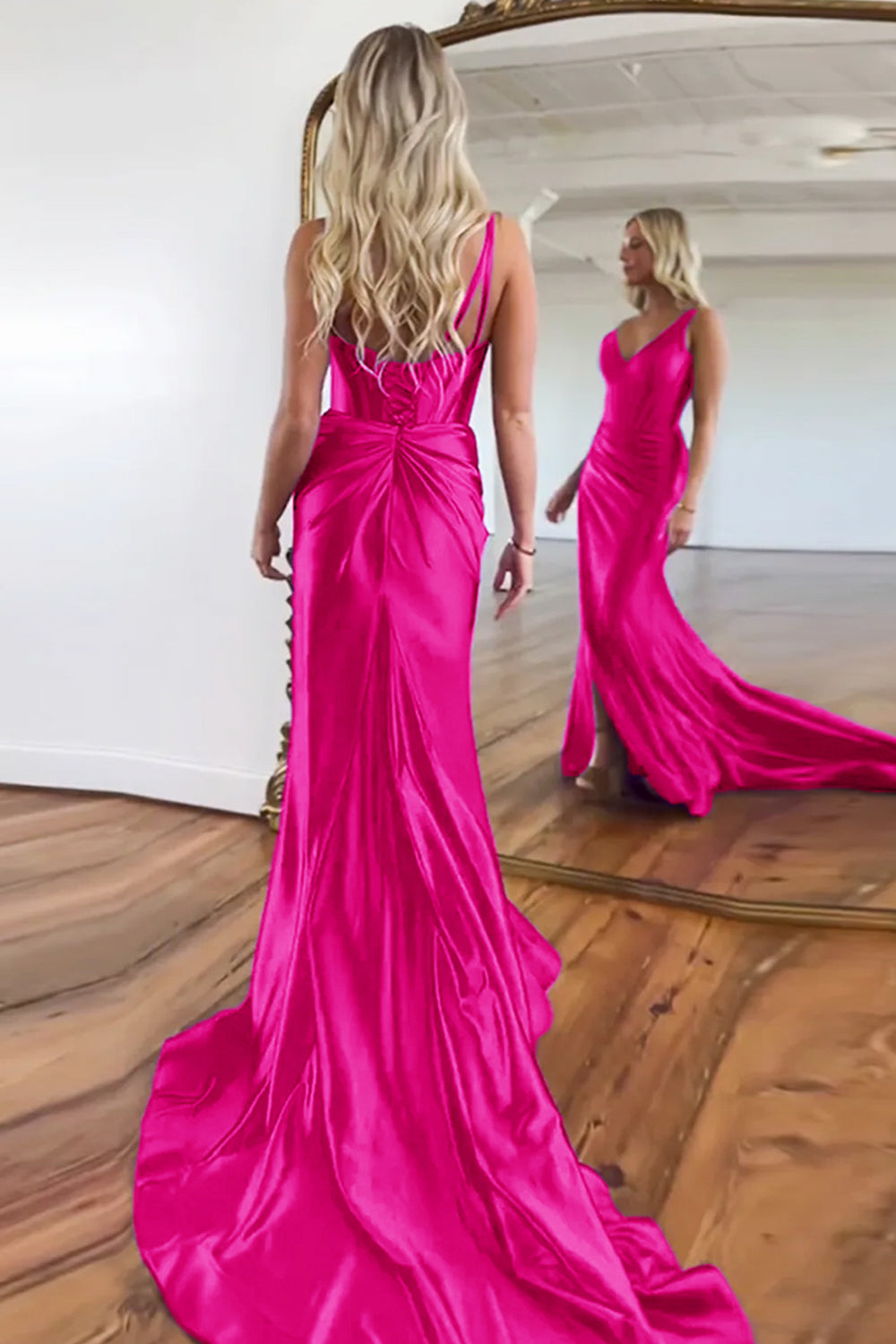 Purple Mermaid V-Neck Zipper Back Satin Long Prom Dress With Split - View 9 | VelvetHem