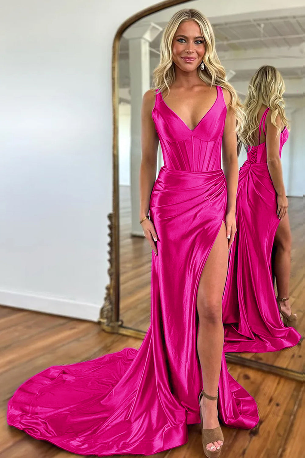 Purple Mermaid V-Neck Zipper Back Satin Long Prom Dress With Split - View 8 | VelvetHem