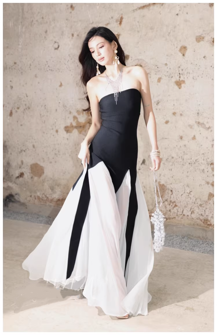 Pretty Strapless Satin Chiffon Mermaid Long Evening Dress Formal 17th Birthday Outfits - View 2 | VelvetHem