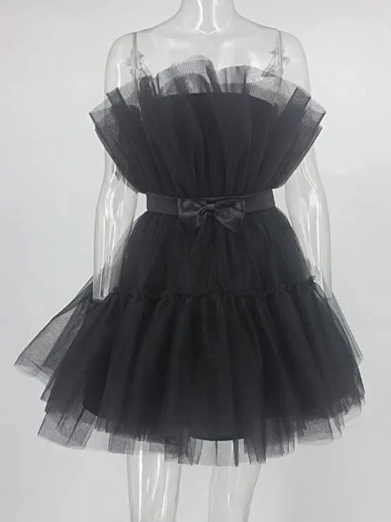 Women's Tulle Princess Mini Dress Ruffle Mesh Party Prom Wedding Tutu Fairy Dress Black Homecoming Dress (ZD12496)