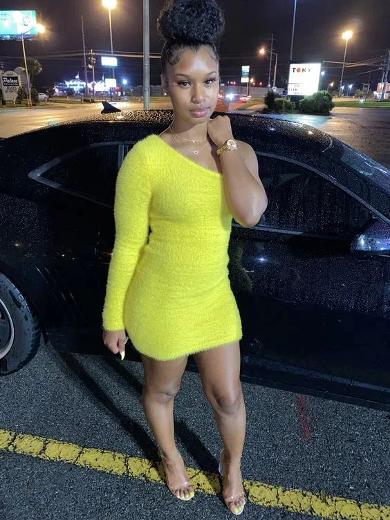 Bright Yellow One Shoulder Homecoming Dress Sexy Party Dress (ZD12227)