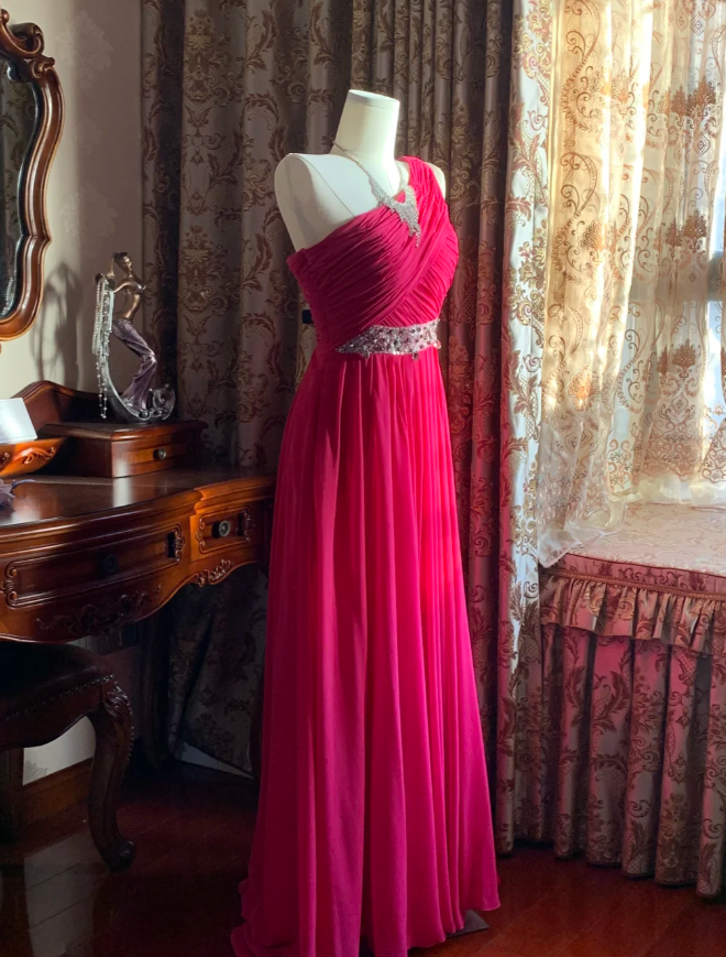Pretty Rose Red One Shoulder Chiffon Pleated Beaded Evening Dress Long Wedding Guest Dress - View 3 | VelvetHem