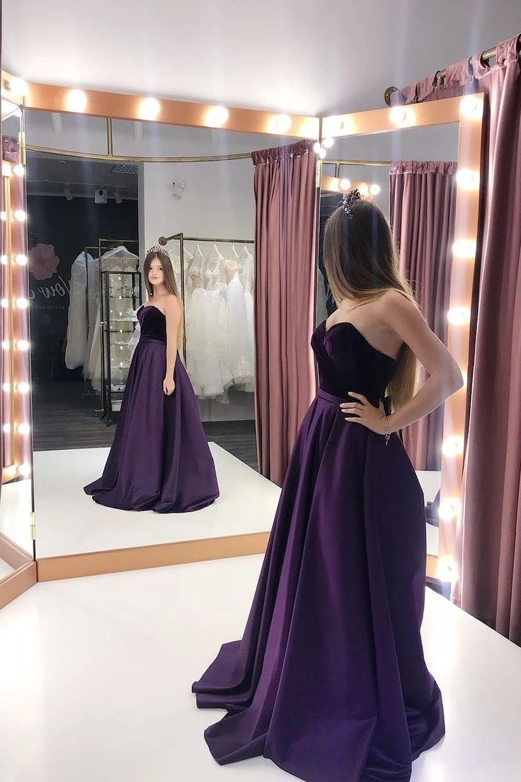 A-Line Purple Velvet Satin Sweetheart Long Prom Dresses With Pockets - View 2 | VelvetHem