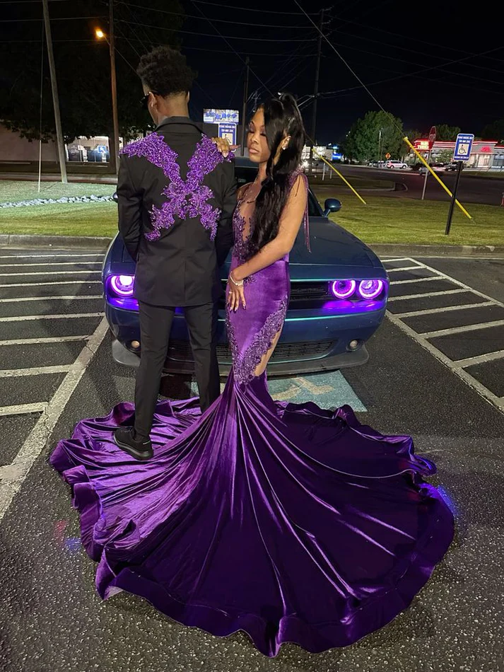 Luxrious Purple Velvet Appliques Mermaid Long Prom Dress Sexy Evening Dress - VelvetHem