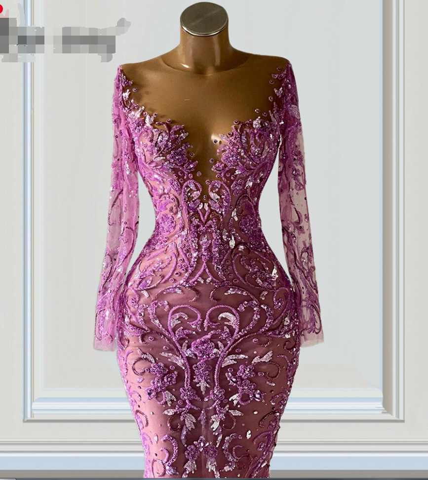 Long Sleeve Women's Evening Dress Purple Mermaid Evening Gowns Handmade Beaded Wedding Evening Dress - View 2 | VelvetHem