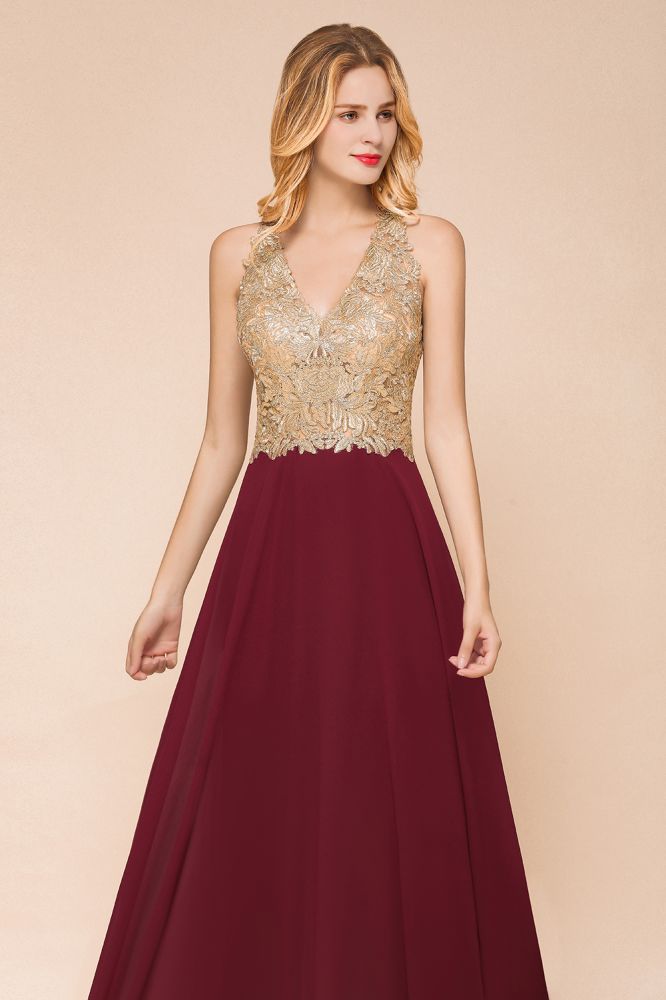 Fabulous Gold Appliques Party Dress Chiffon Lace Prom Long Ball Gown