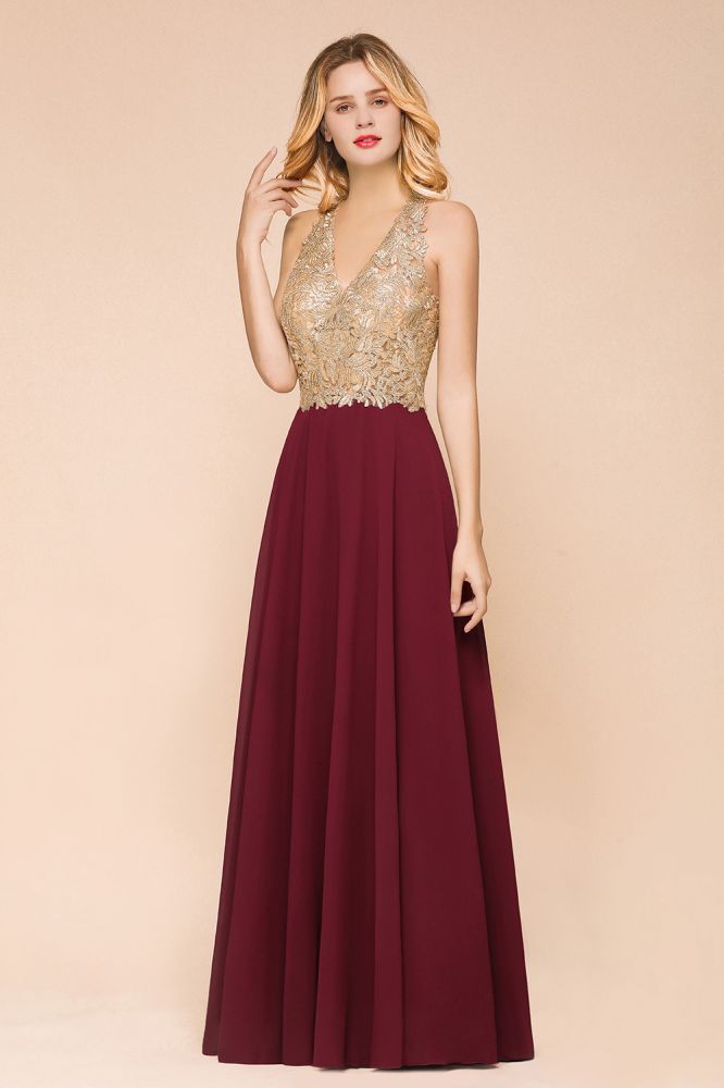 Fabulous Gold Appliques Party Dress Chiffon Lace Prom Long Ball Gown