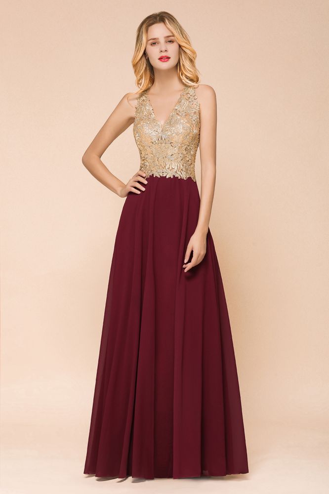 Fabulous Gold Appliques Party Dress Chiffon Lace Prom Long Ball Gown