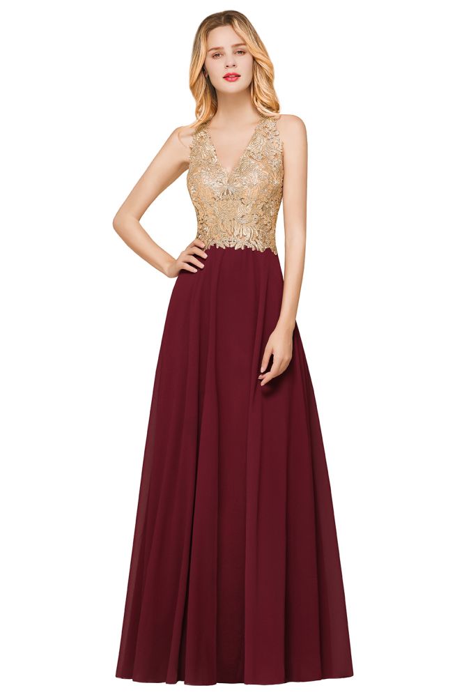Fabulous Gold Appliques Party Dress Chiffon Lace Prom Long Ball Gown