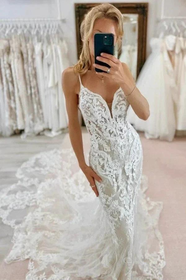 Fabulous Mermaid Tulle Lace Spaghetti Straps Sleeveless White Wedding Dresses With Appliques Train (ZD16479) - VelvetHem