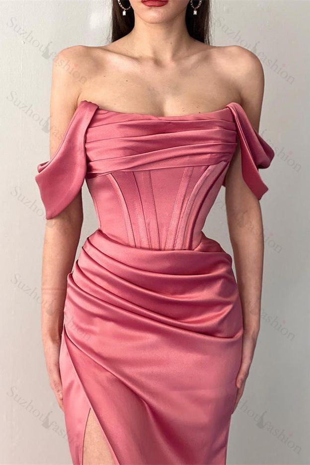 Fabulous Off-The-Shoulder Mermaid Satin Prom Dresses with Split