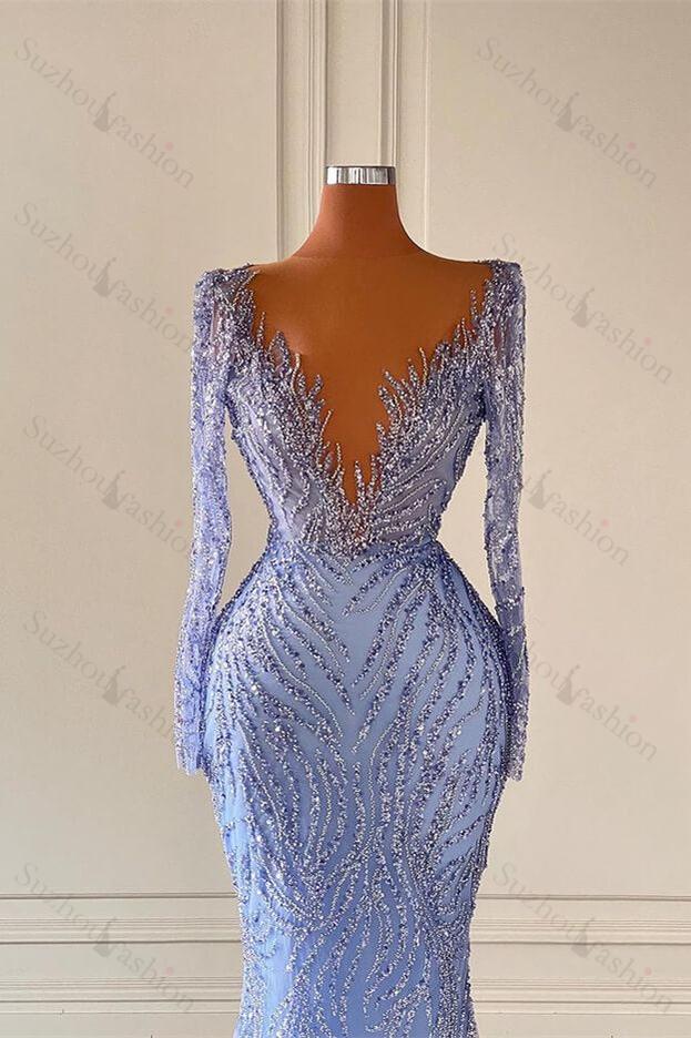 Fabulous V-Neck Long Sleeves Mermaid Satin Prom Dresses with Beads