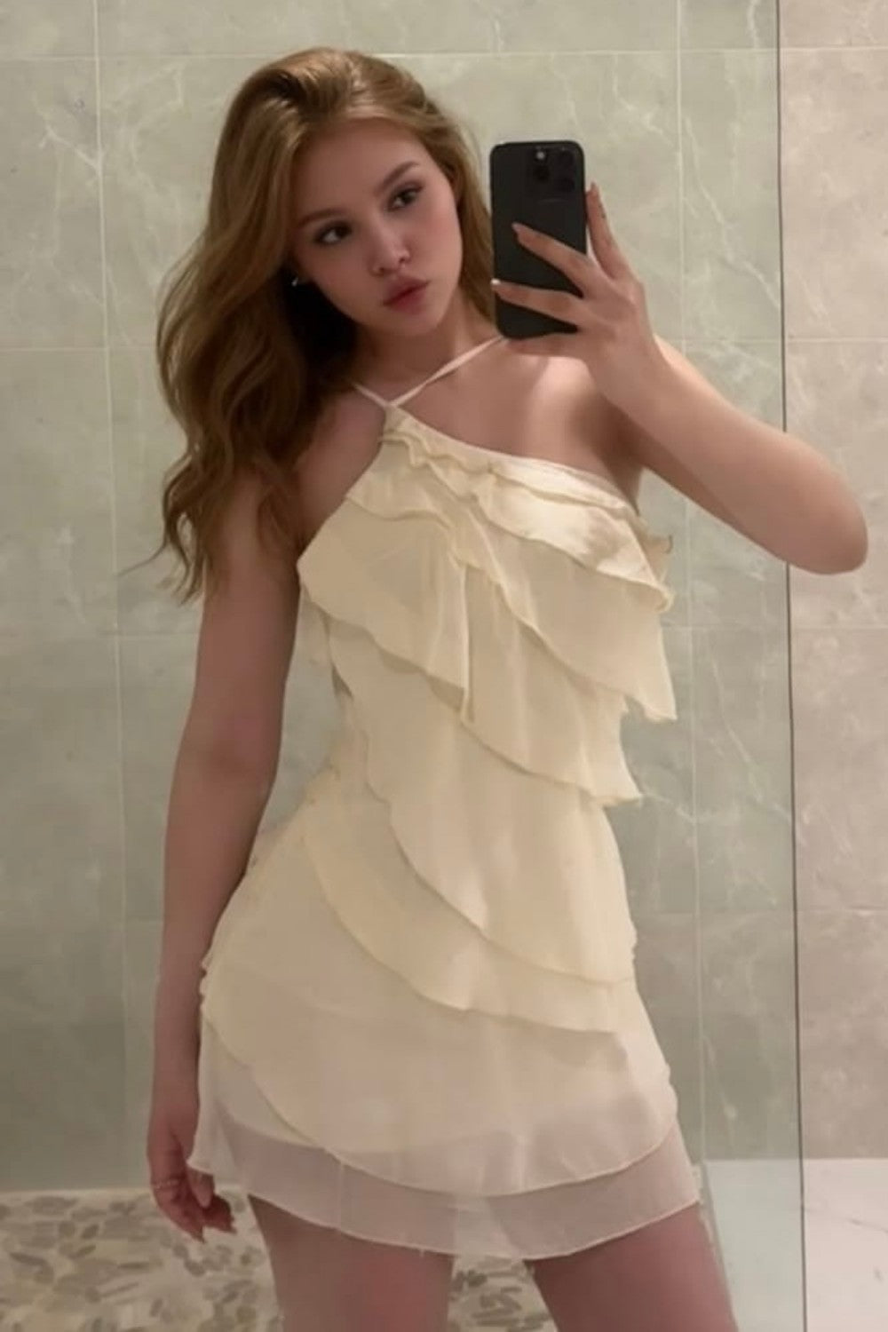 Fairycore Ivory Tiered Ruffle Halter Bodycon Homecoming Mini Dress