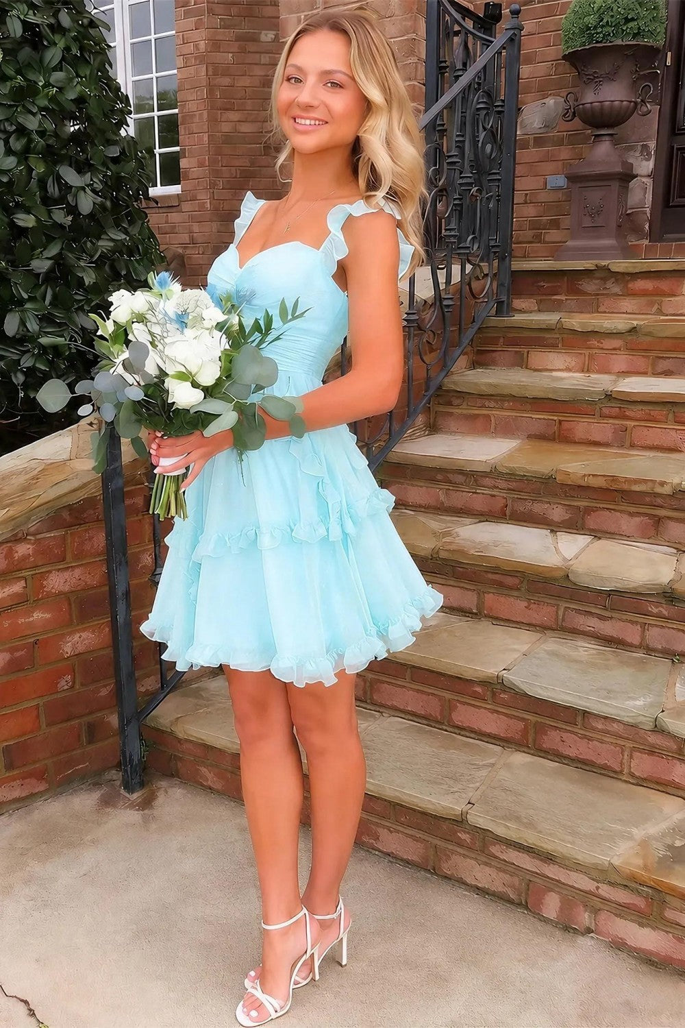 Romantic A Line Sweetheart Light Blue Short Homecoming Dress with Ruffles