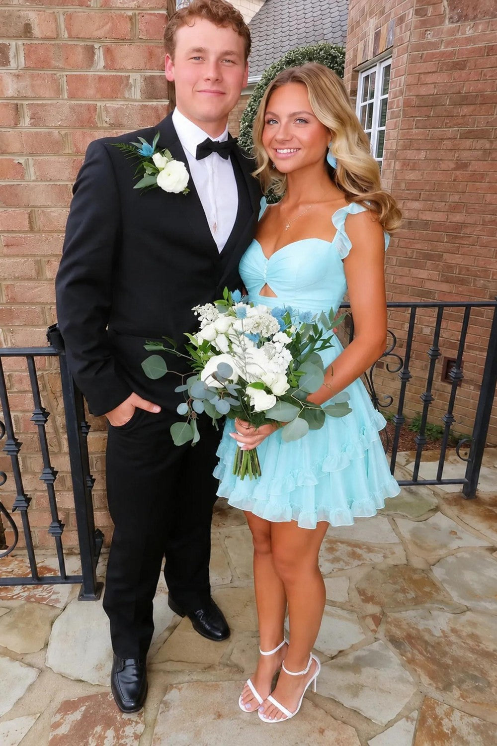 Romantic A Line Sweetheart Light Blue Short Homecoming Dress with Ruffles