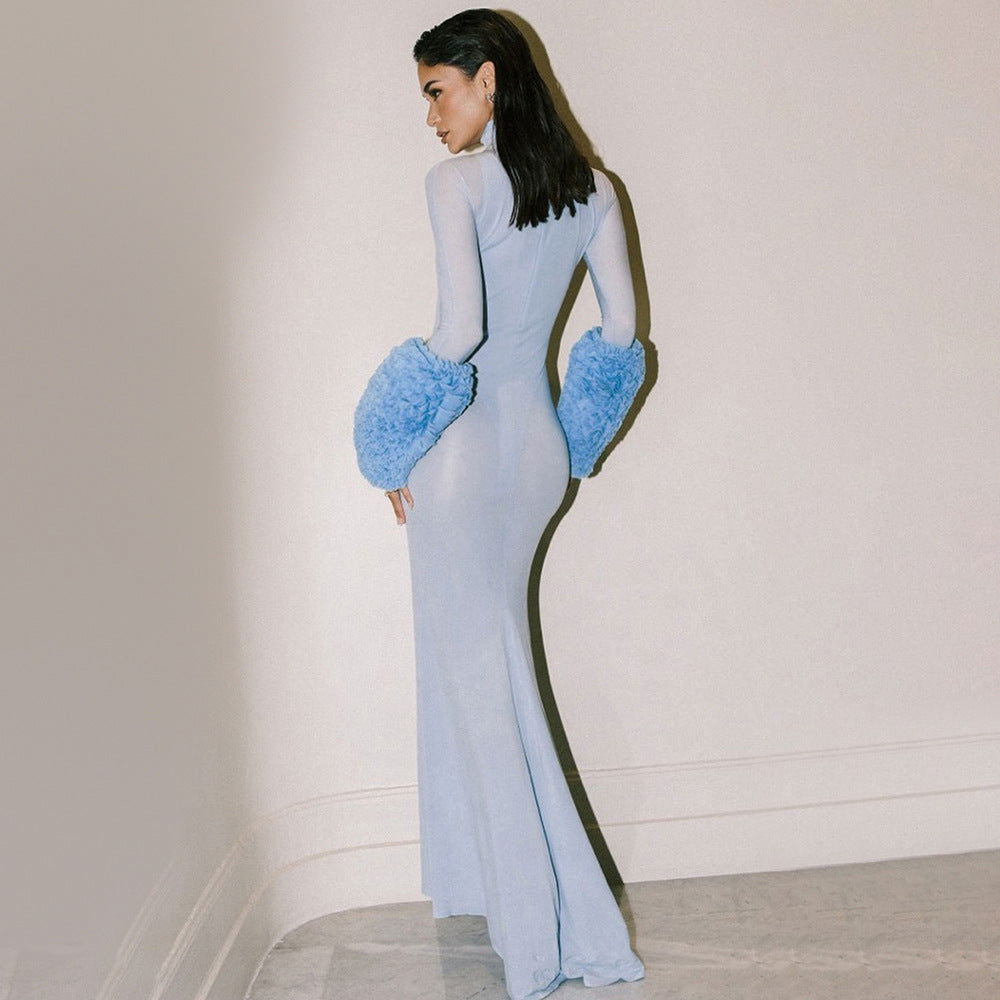 Fall Long Sleeve Light Blue Tencel Dress Slim Fit Solid Color Mesh Oversleeve Dress