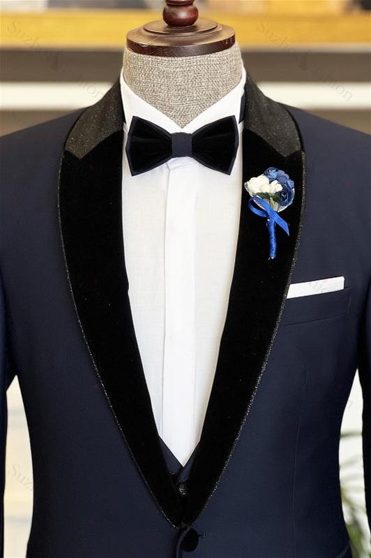 Fancy Navy Blue Peaked Lapel 2 Piece Men's Prom Suit