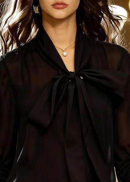 Fashion Black Bow Wrinkled Chiffon Shirt Dress Spring