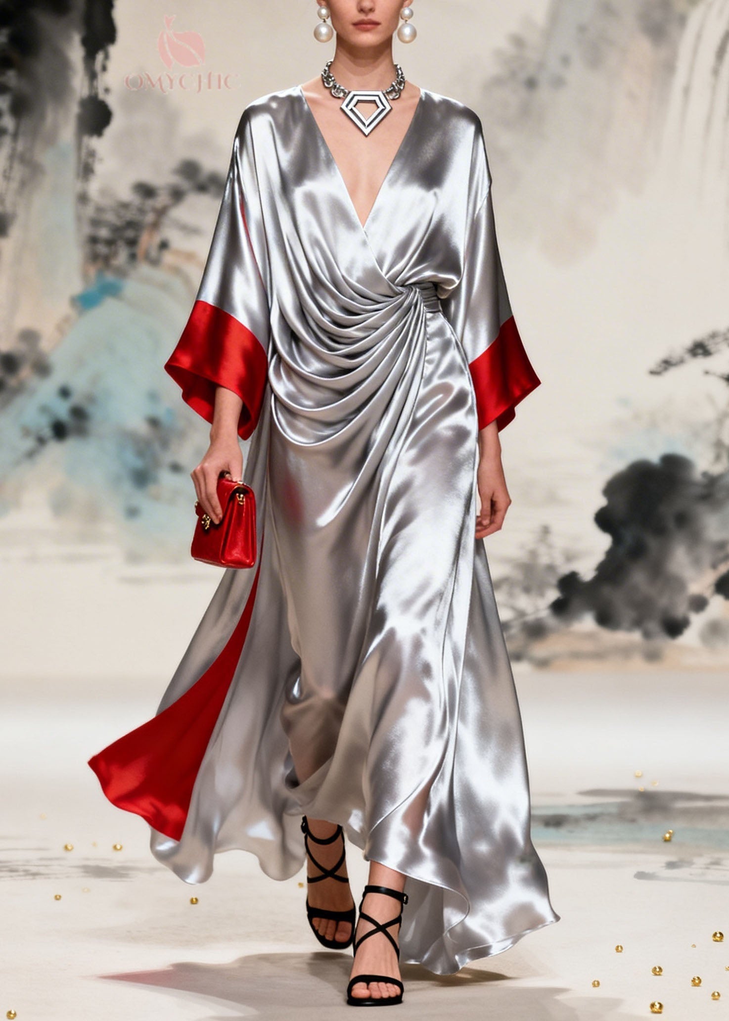 Fashion Colorblock V Neck Wrinkled Patchwork Silk Dress
