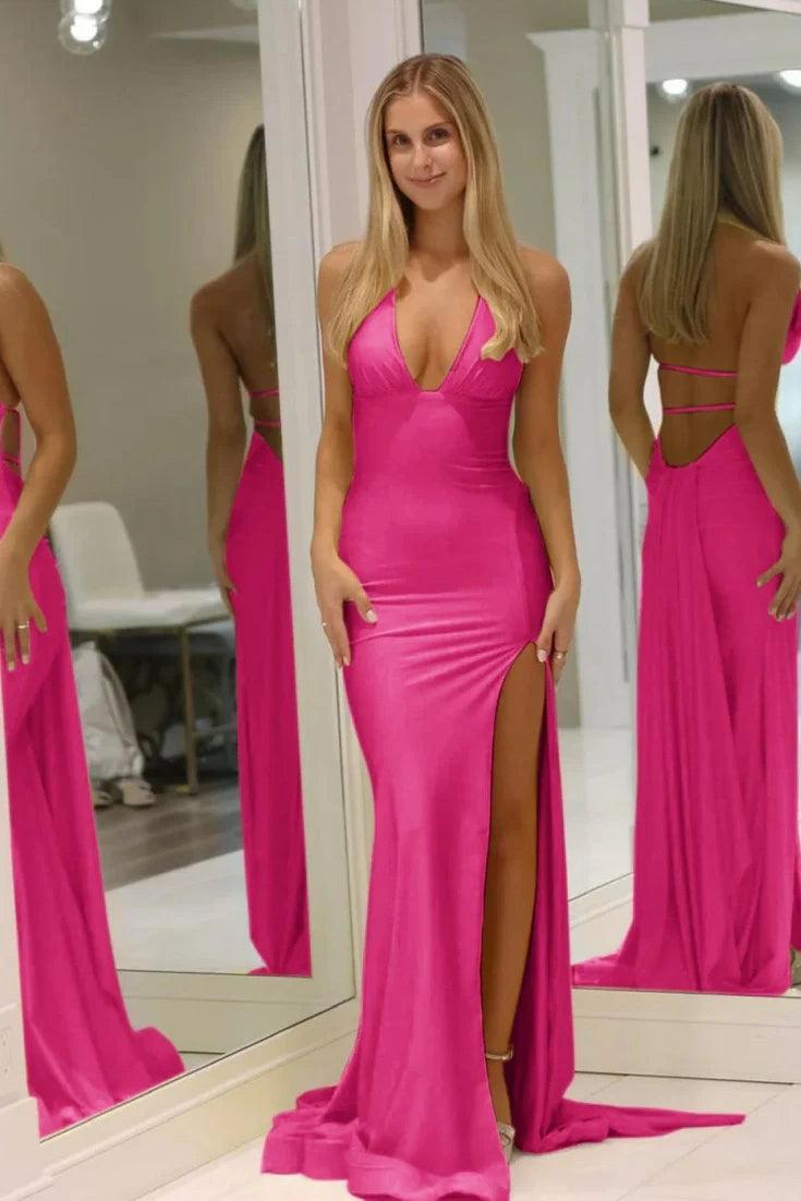Suzhoufashion Fashion Forward Deep V-Neck Mermaid Style With Flowing Satin And Slit Prom Dress Formal Evening Gown
