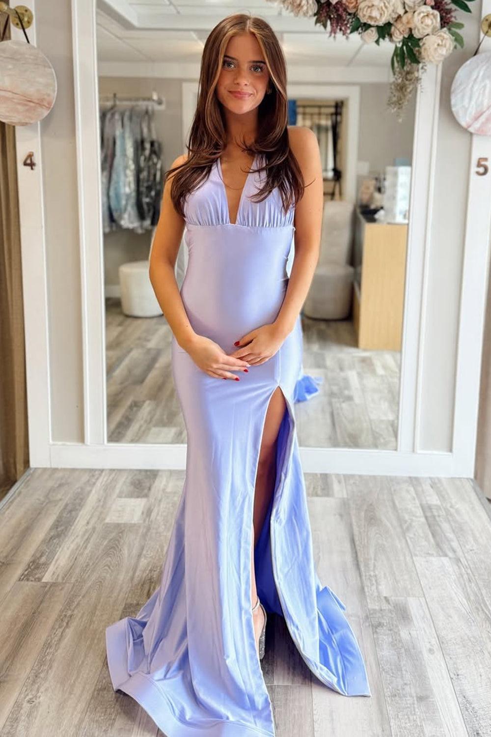 Suzhoufashion Fashion Forward Deep V-Neck Mermaid Style With Flowing Satin And Slit Prom Dress Formal Evening Gown