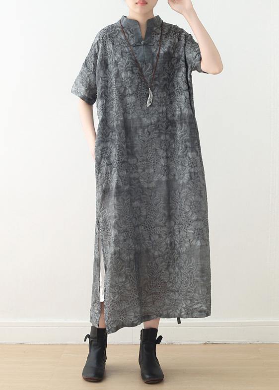 Fashion Grey Print Oriental Summer Linen Dress