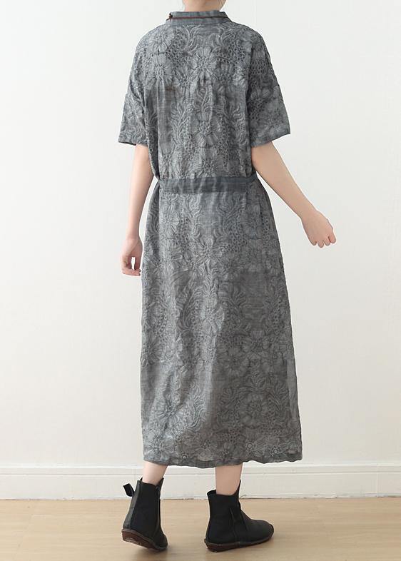 Fashion Grey Print Oriental Summer Linen Dress