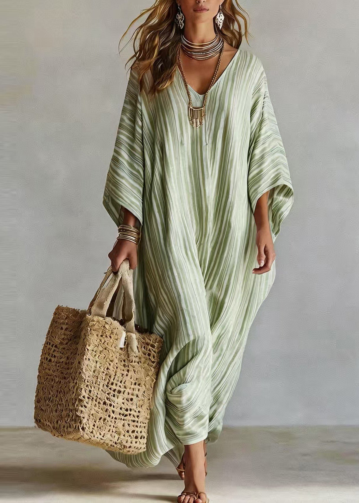 Fashion Pink V Neck Striped Cotton Long Dress Summer