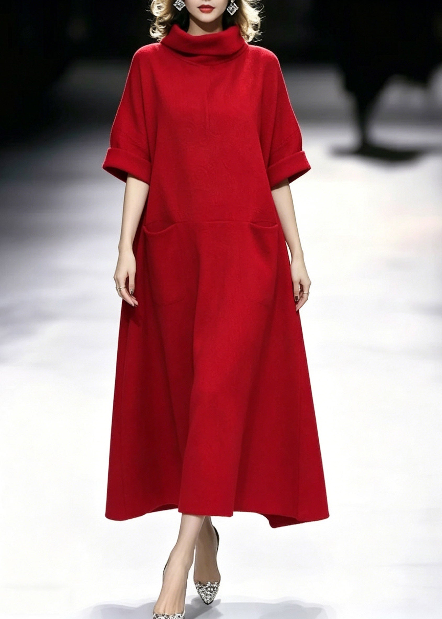 Fashion Red Turtleneck Pockets Solid Maxi Dresses Summer