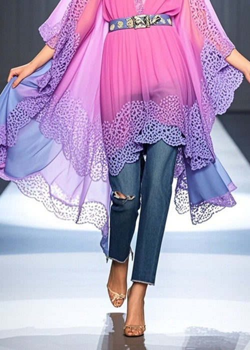Fashion Rose Gradient Color V Neck Lace Tulle Dress Bracelet Sleeve