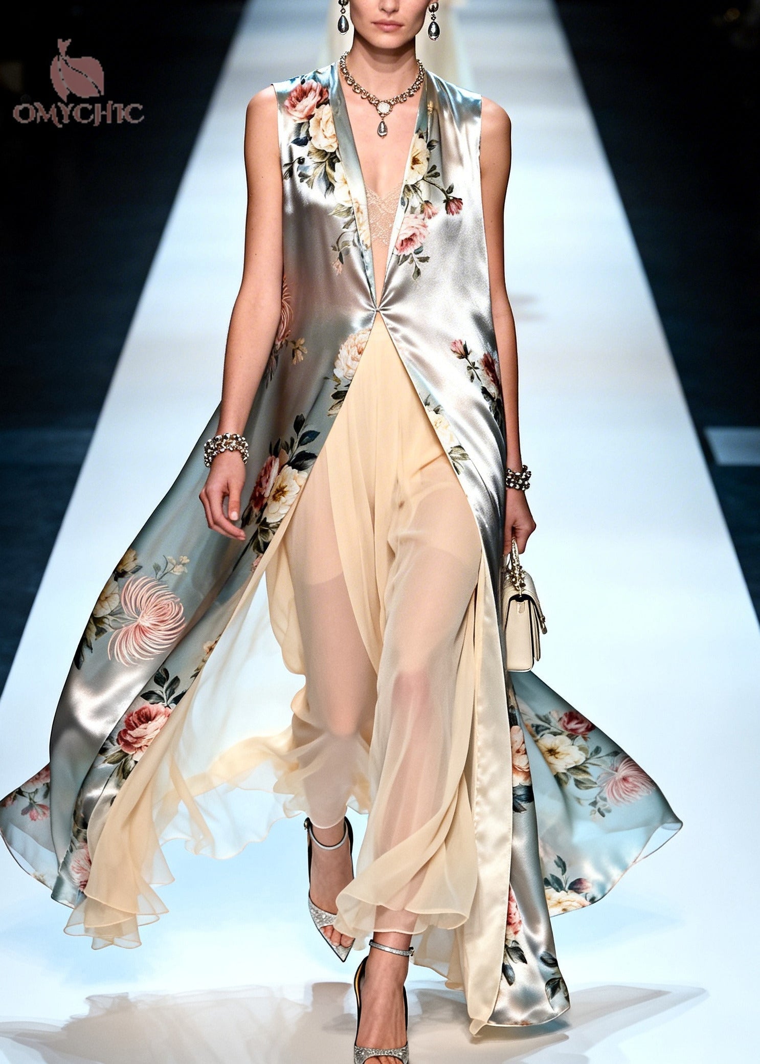 Fashion Silvery Print Chiffon Long Dress Two Pieces Set Summer