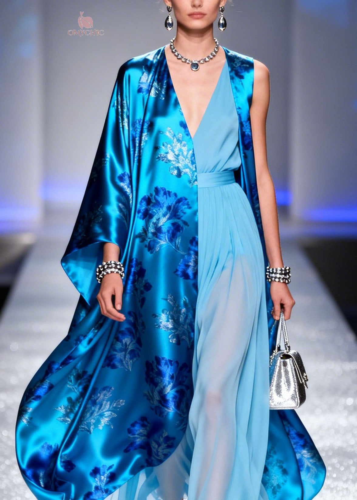 Fashion V Neck Print Silk Cardigans And Chiffon Dress Two Piece Set Summer