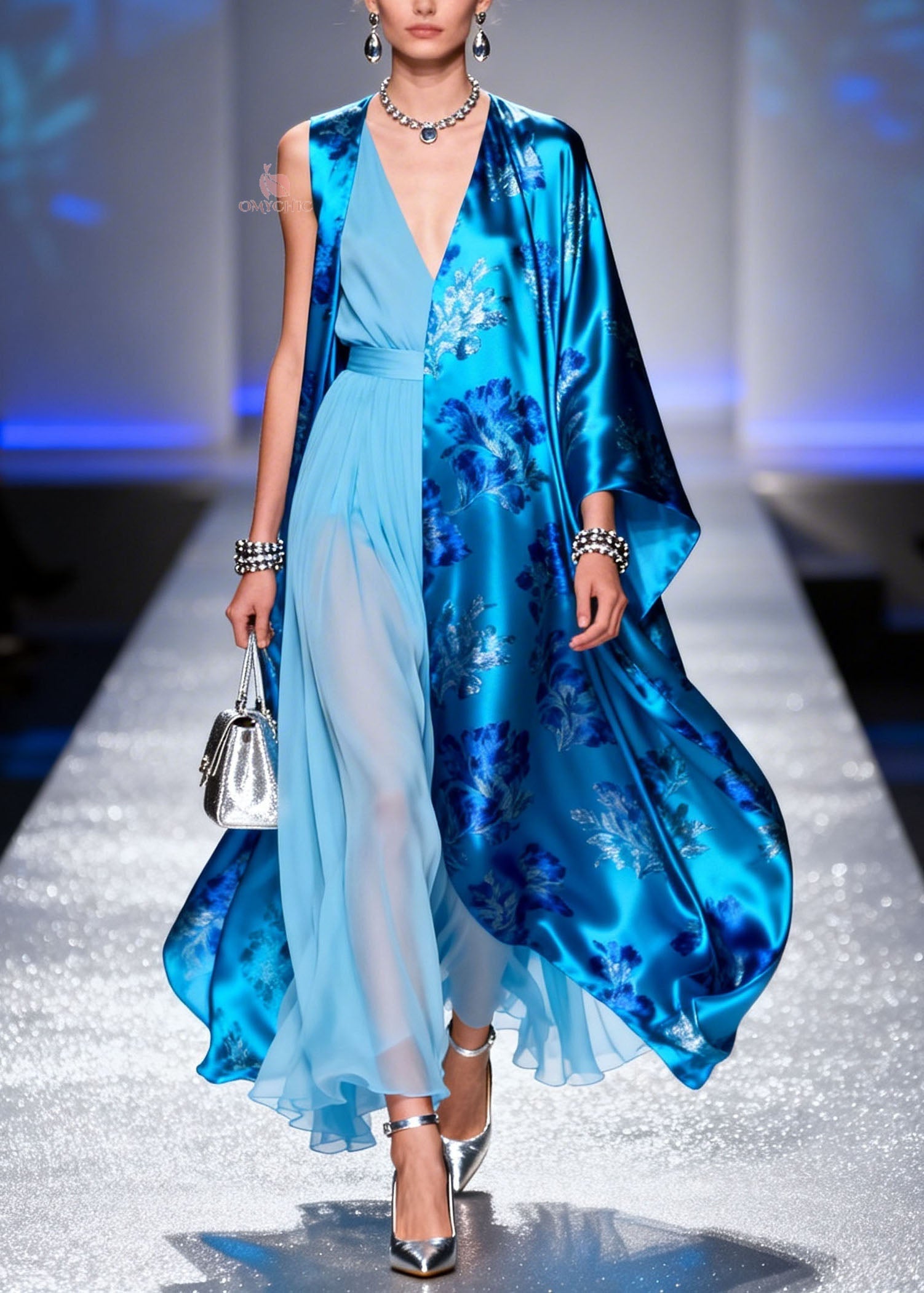 Fashion V Neck Print Silk Cardigans And Chiffon Dress Two Piece Set Summer