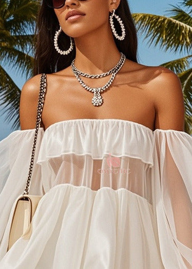 Fashion White Cold Shoulder Patchwork Tulle Tea Strapless Dress Summer
