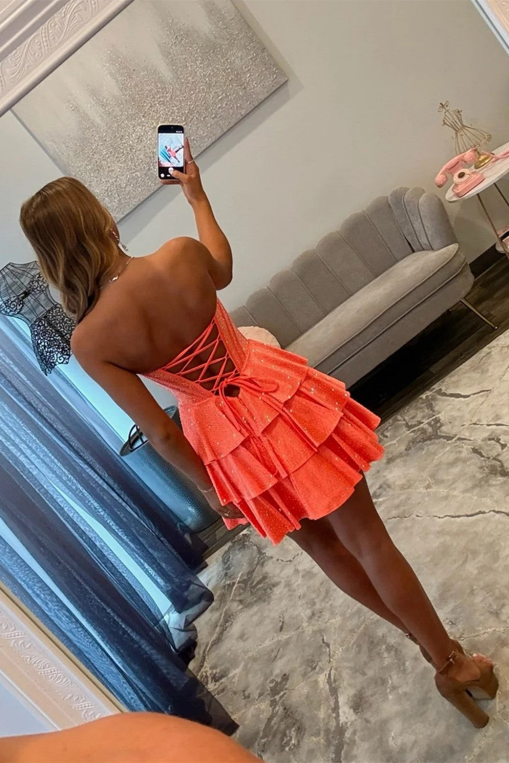Sparkly A Line Strapless Orange Corset Homecoming Dress with Beading