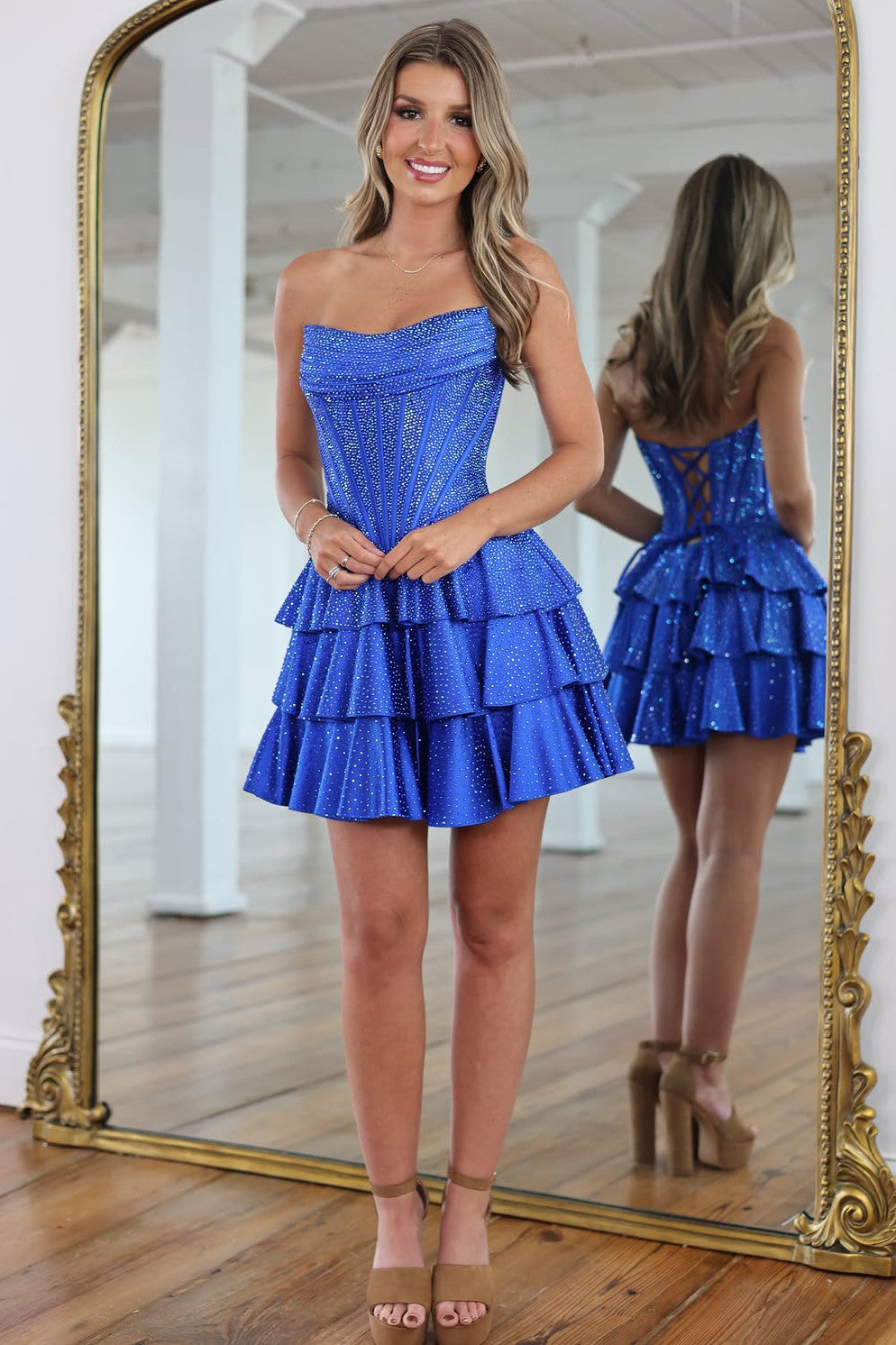 Sparkly A Line Strapless Orange Corset Homecoming Dress with Beading