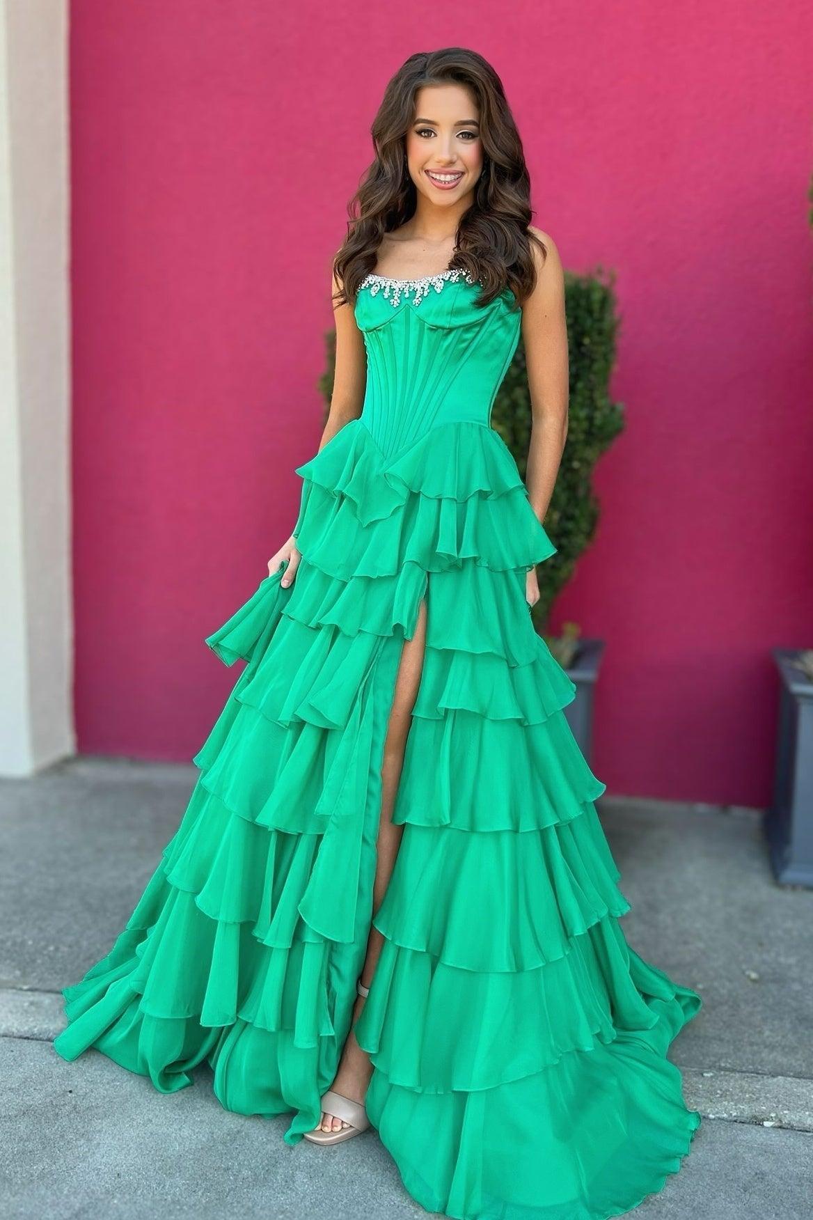 Fashionable A Line Strapless Hot Pink Corset Prom Dress With Beading Ruffles Formal Evening Gown