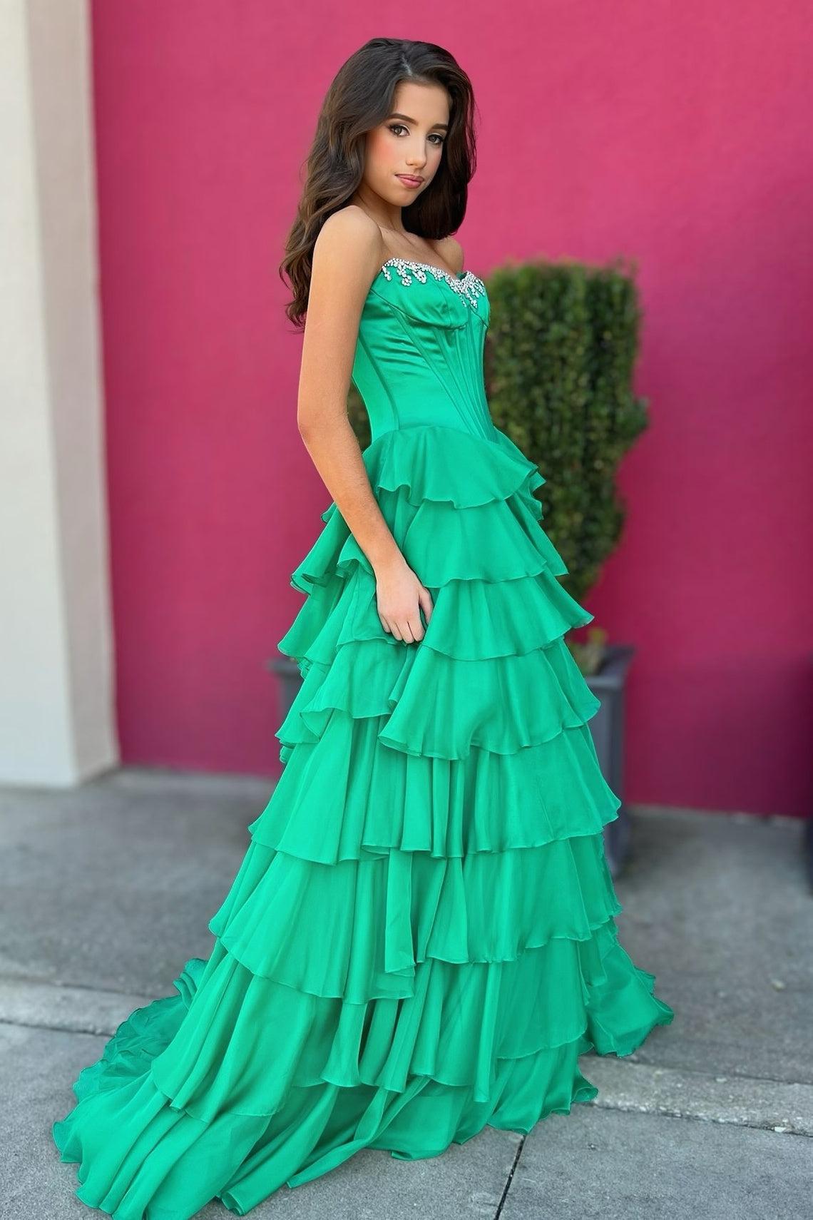 Fashionable A Line Strapless Hot Pink Corset Prom Dress With Beading Ruffles Formal Evening Gown