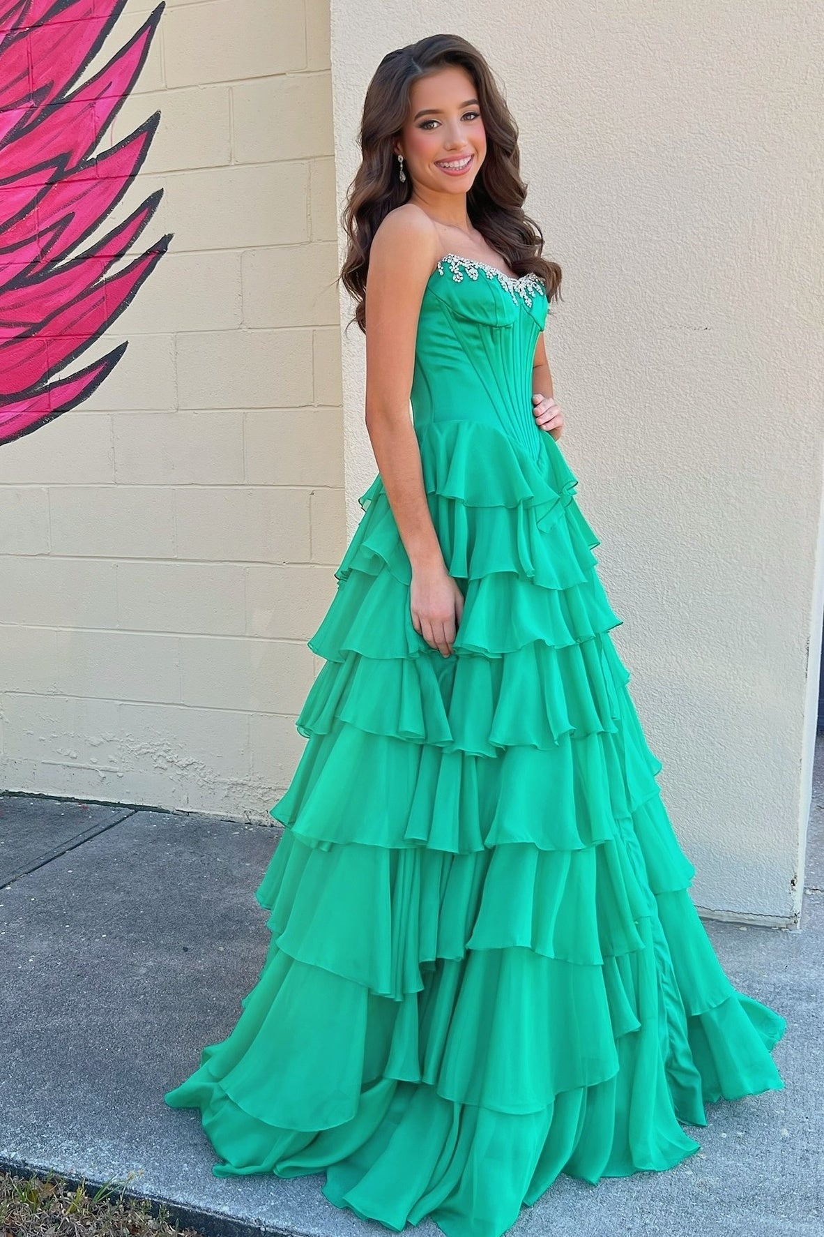 Fashionable A Line Strapless Hot Pink Corset Prom Dress With Beading Ruffles Formal Evening Gown
