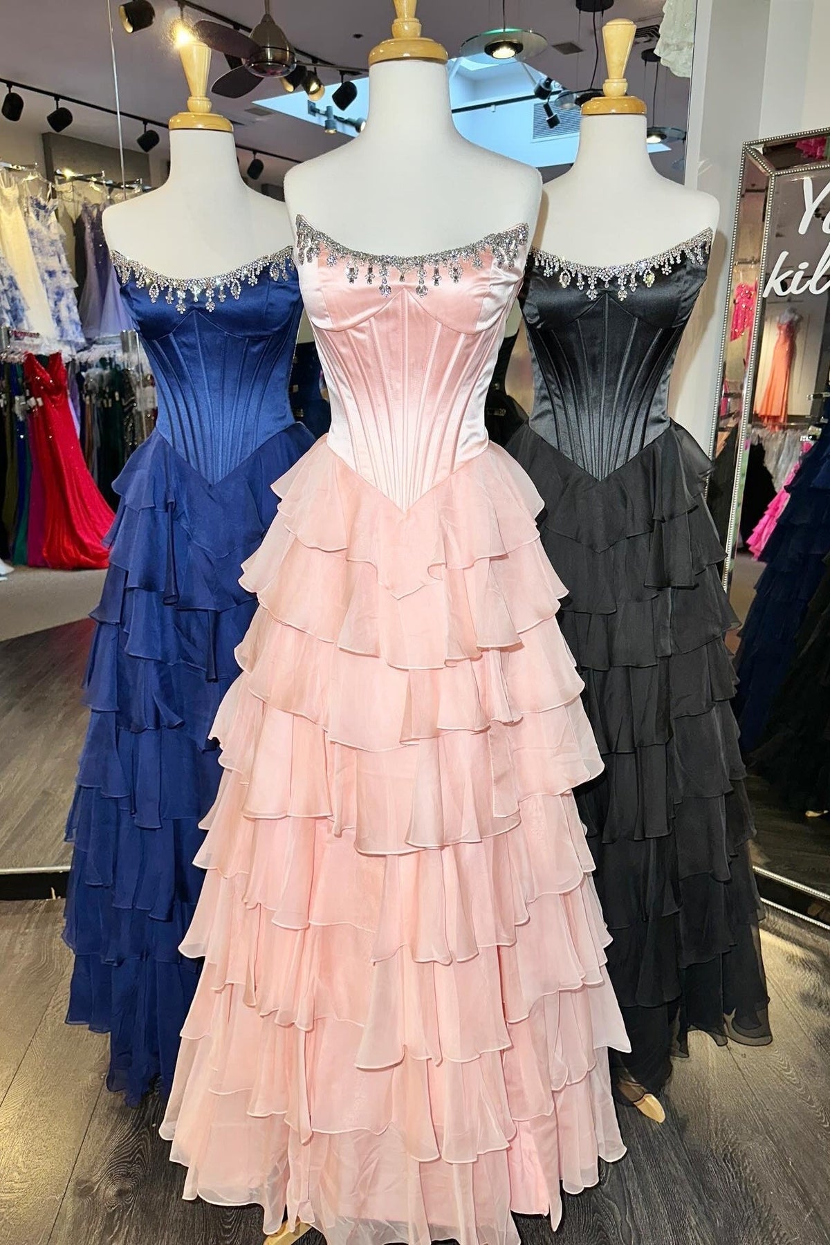 Fashionable A Line Strapless Hot Pink Corset Prom Dress With Beading Ruffles Formal Evening Gown