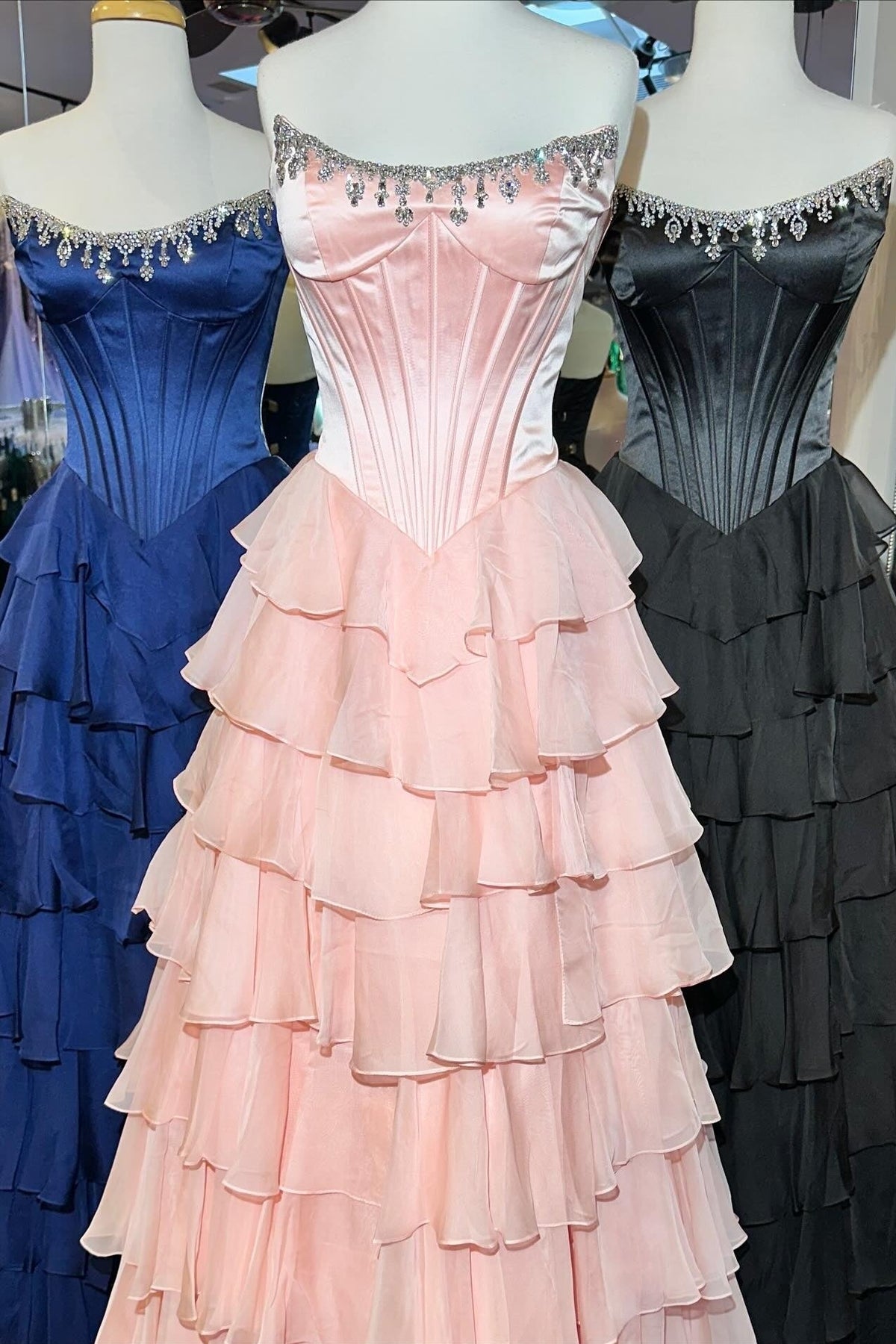 Fashionable A Line Strapless Hot Pink Corset Prom Dress With Beading Ruffles Formal Evening Gown
