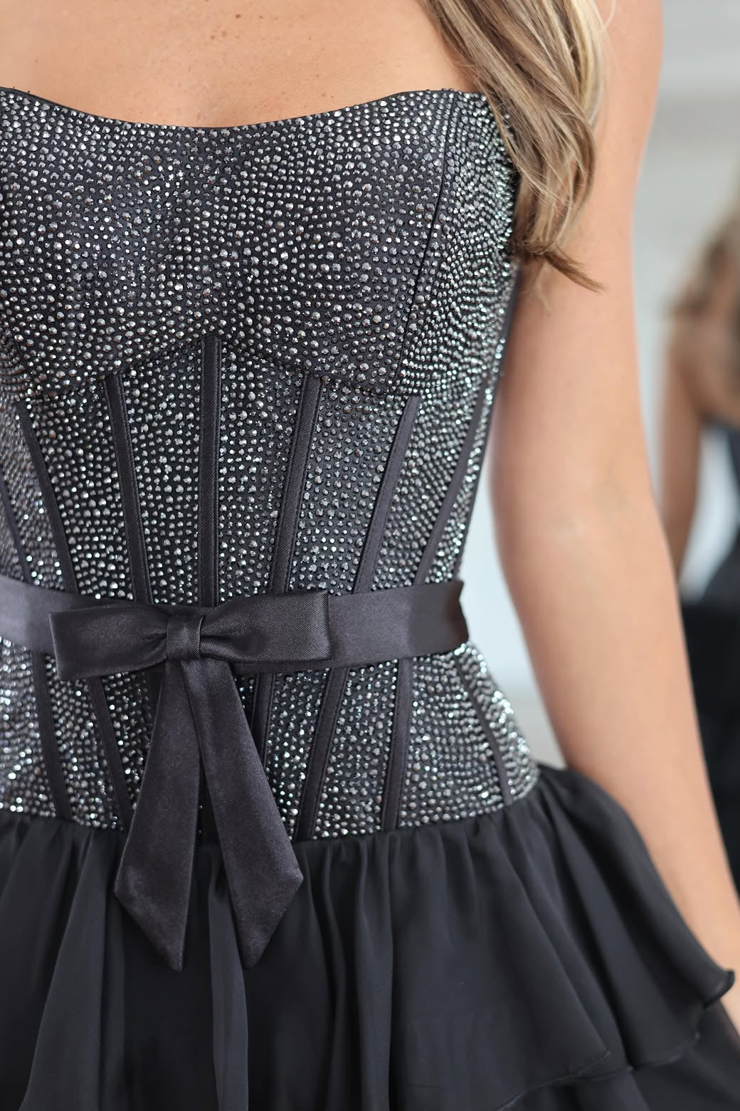 Fashionable A Line Strapless Black Corset Homecoming Dress with Beading Ruffles