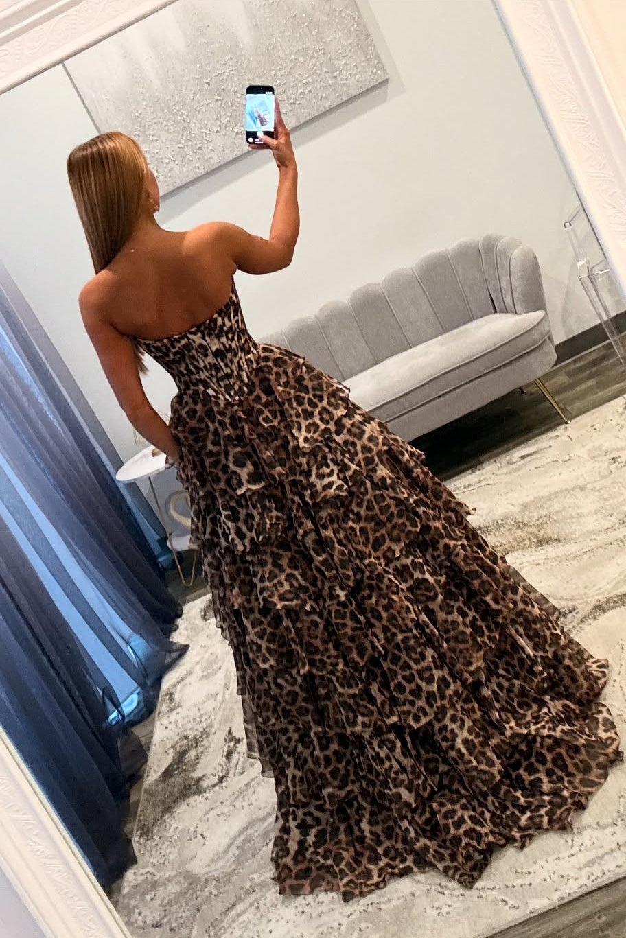 Fashionable A Line Sweetheart Leopard Print Corset Prom Dress with Ruffles